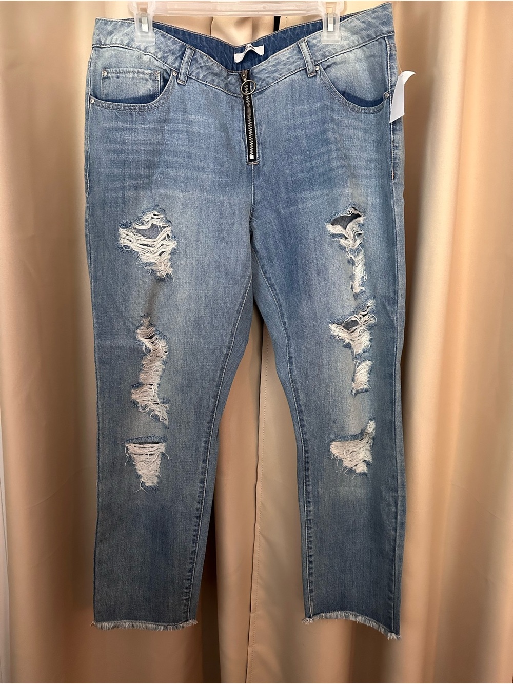 refuge Light Blue Distressed Ankle Jeans with Front Zip